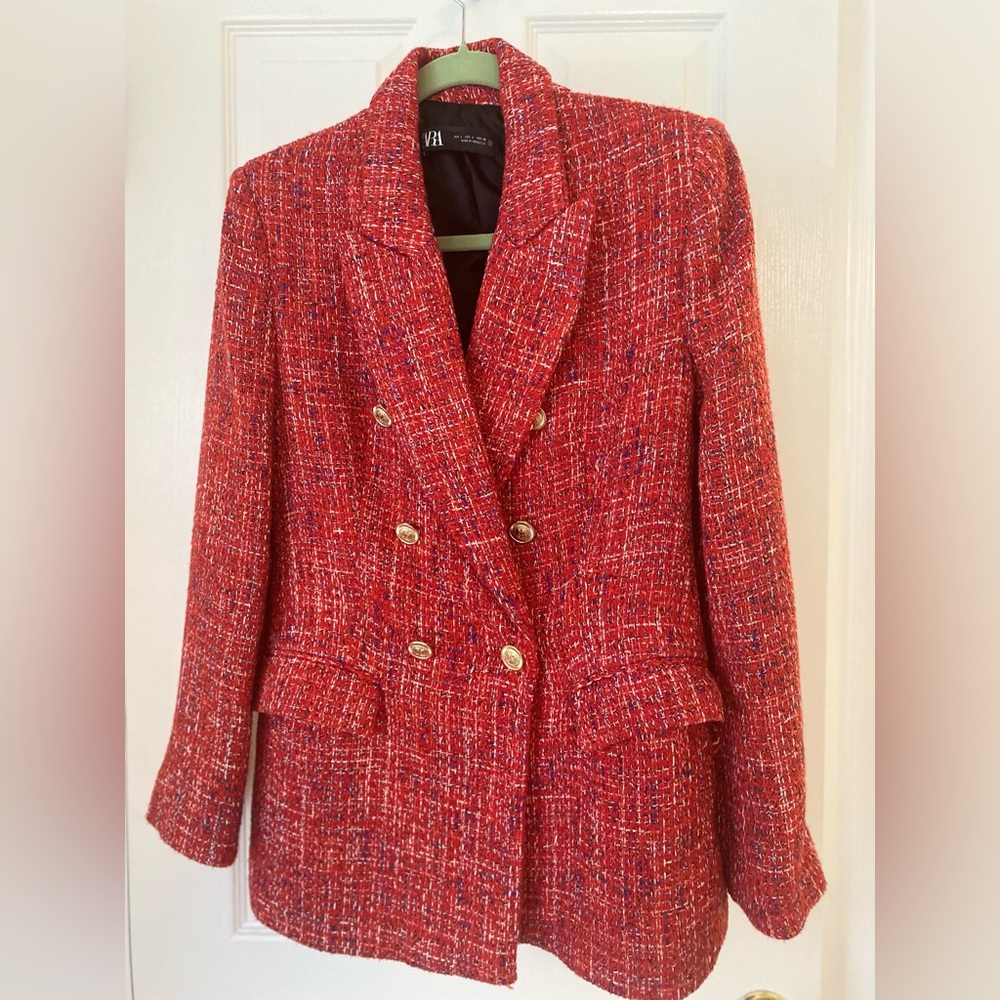 Zara Red Boucle Blazer w Gold Buttons